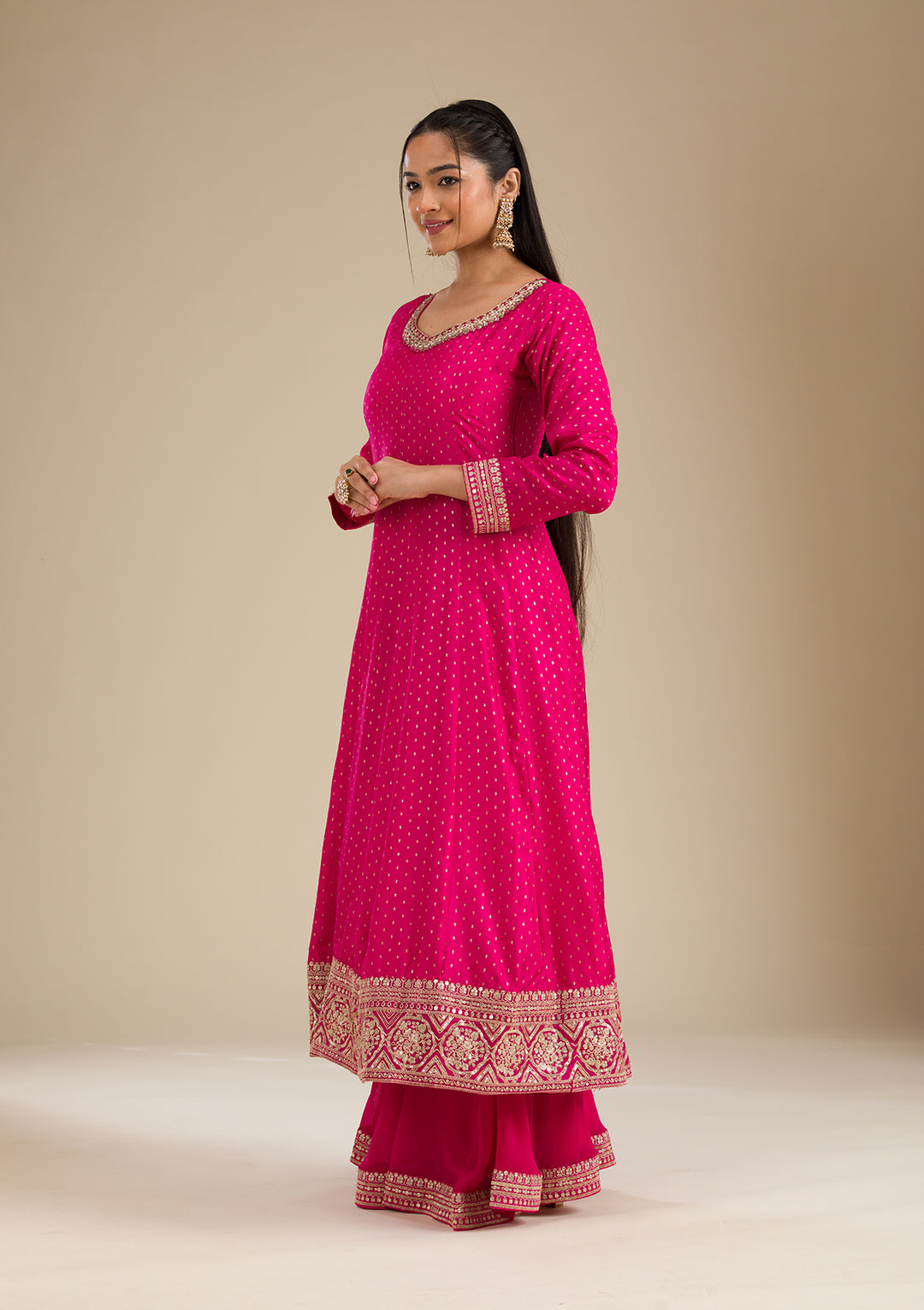 Rani Pink Stonework Semi Crepe Readymade Salwar Suit