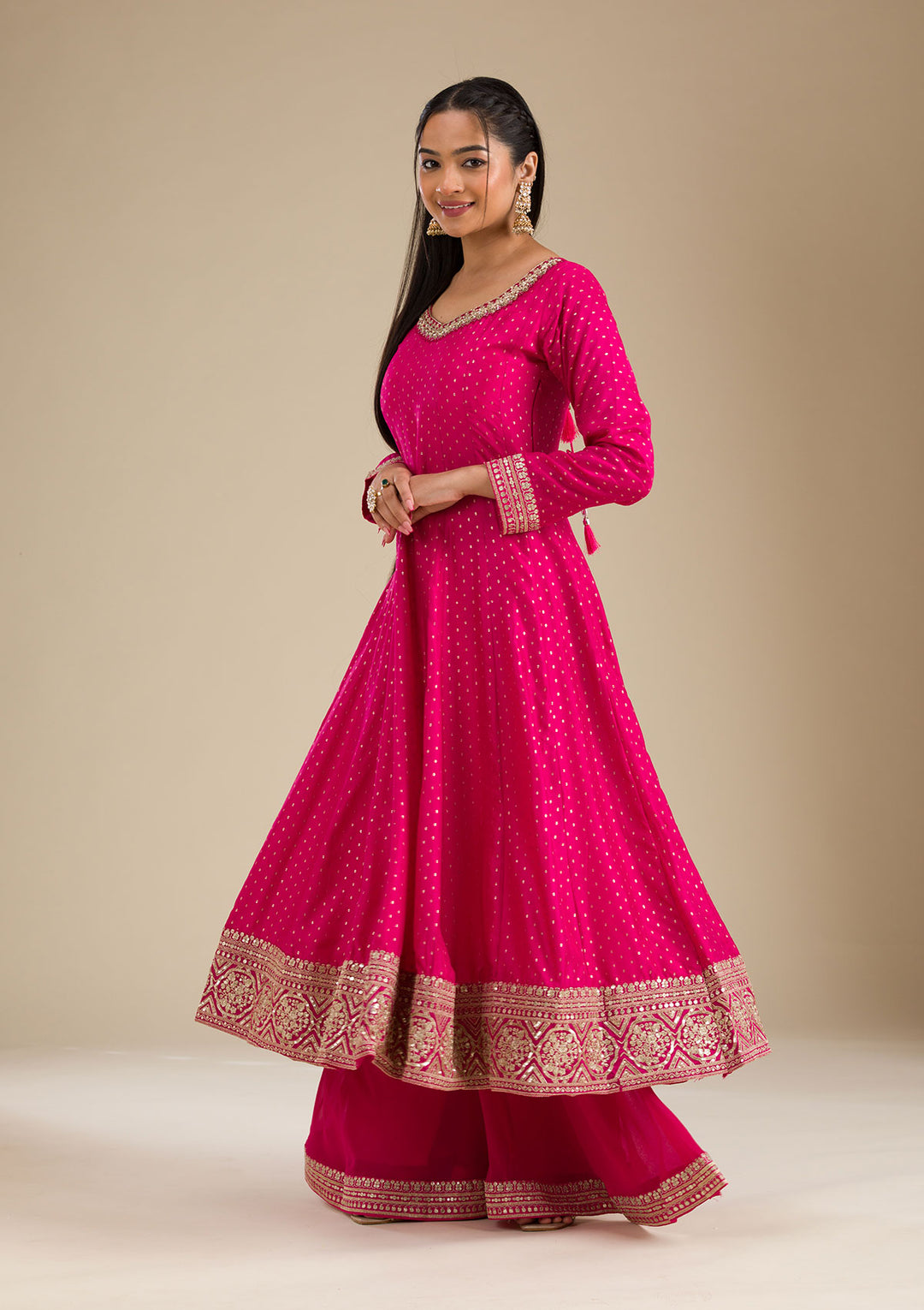 Rani Pink Stonework Semi Crepe Readymade Salwar Suit