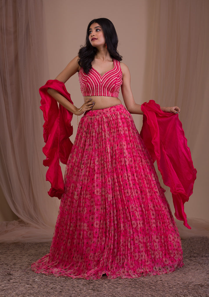 Rani Pink Cutdana Tissue Readymade Lehenga-Koskii