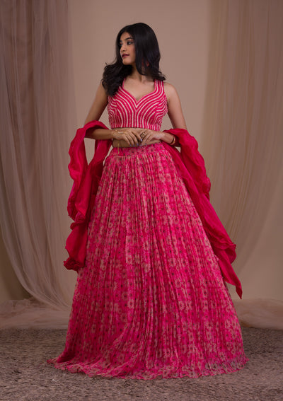 Rani Pink Cutdana Tissue Readymade Lehenga-Koskii