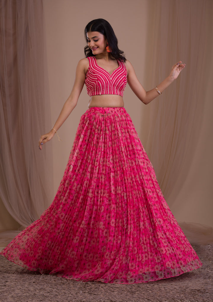 Rani Pink Cutdana Tissue Readymade Lehenga-Koskii