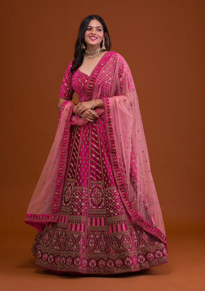 Rani Pink Stonework Velvet Readymade Lehenga-Koskii