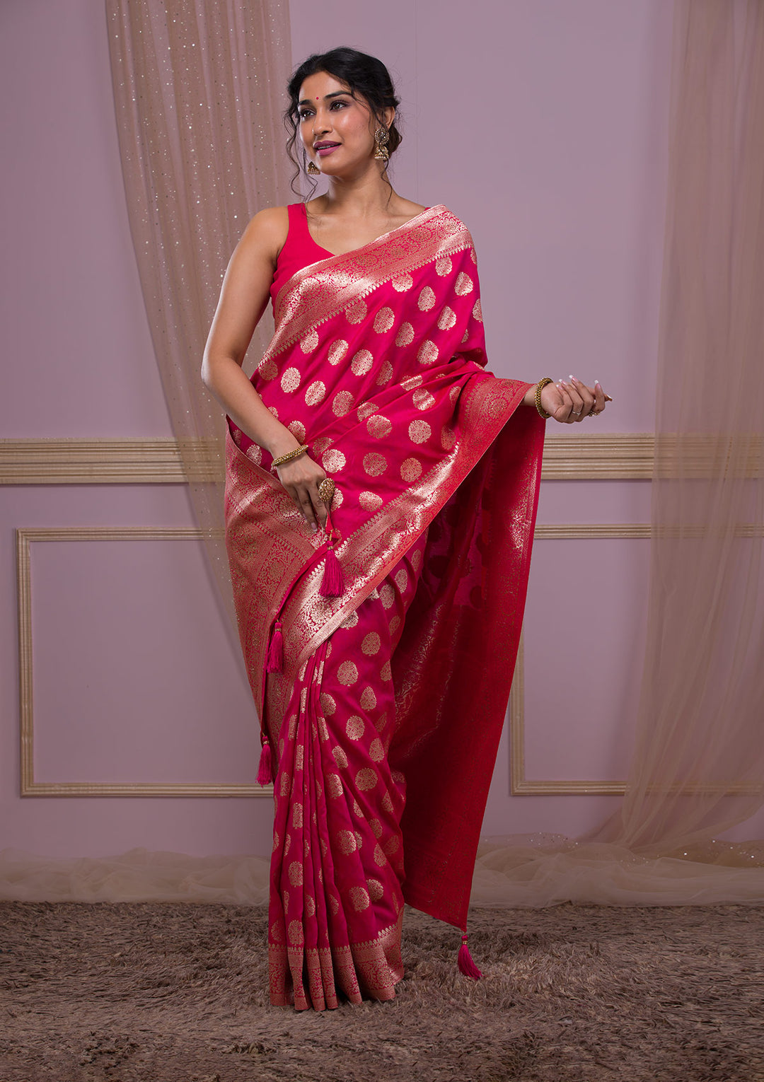 Rani Pink Swarovski Banarasi Saree-Koskii