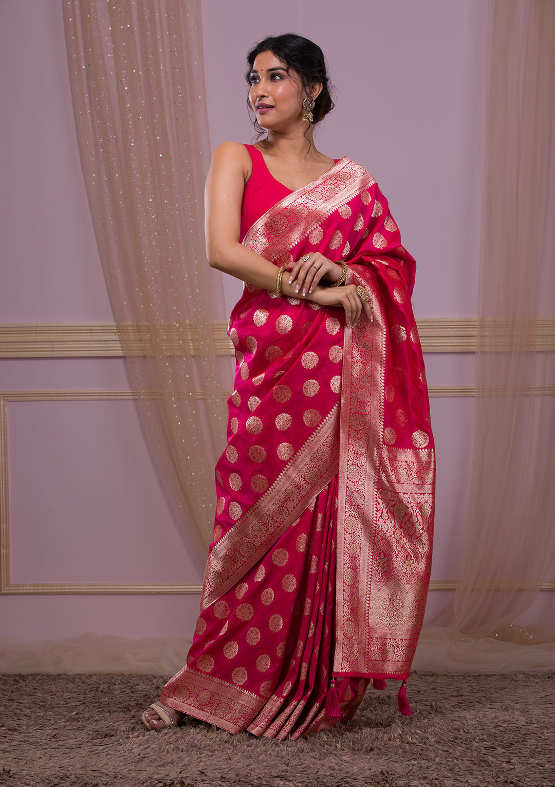 Rani Pink Swarovski Banarasi Saree