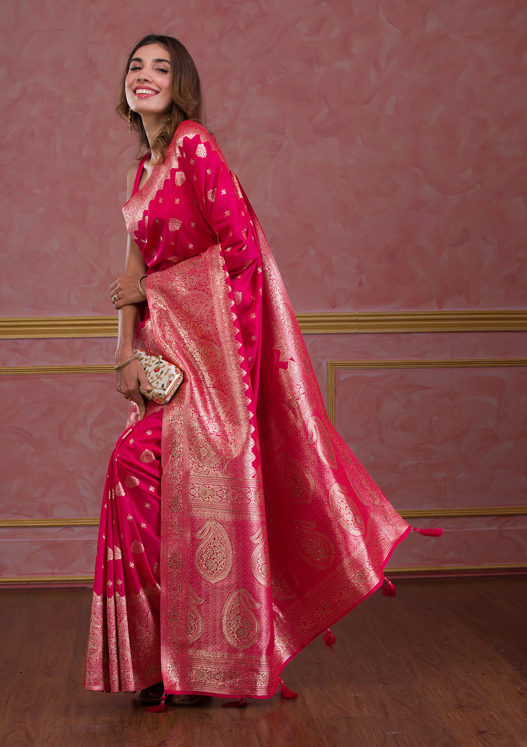 Rani Pink Swarovski Banarasi Saree