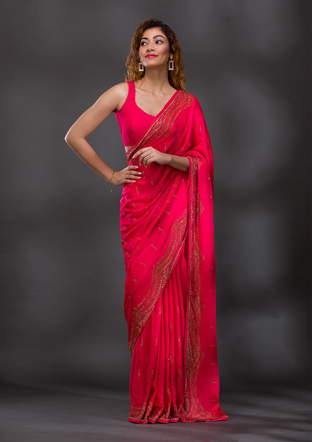 Rani Pink Swarovski Satin Saree