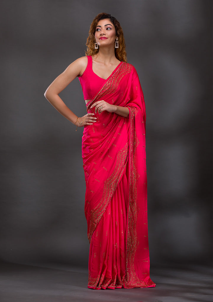 Rani Pink Swarovski Satin Saree