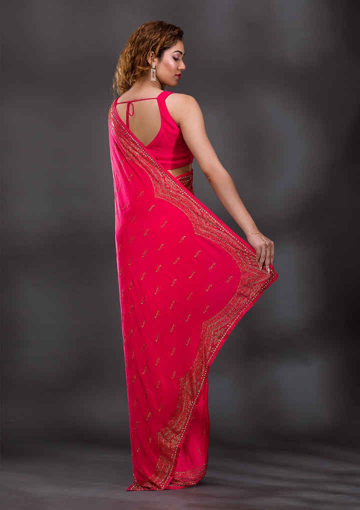 Rani Pink Swarovski Satin Saree