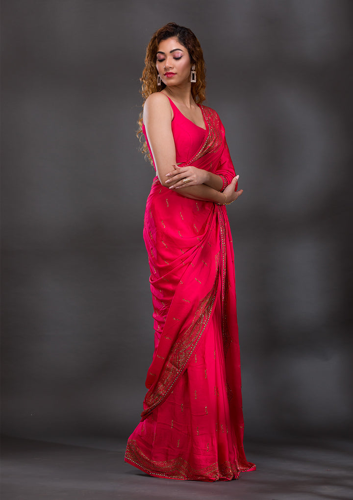 Rani Pink Swarovski Satin Saree