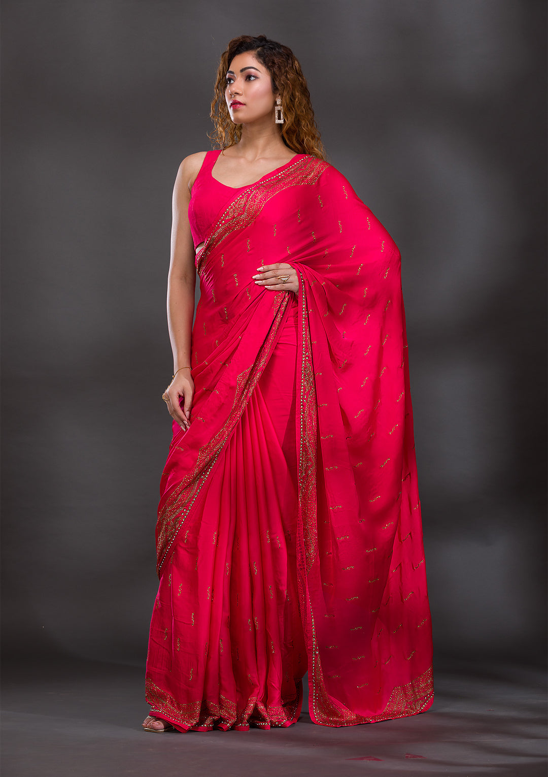 Rani Pink Swarovski Satin Saree