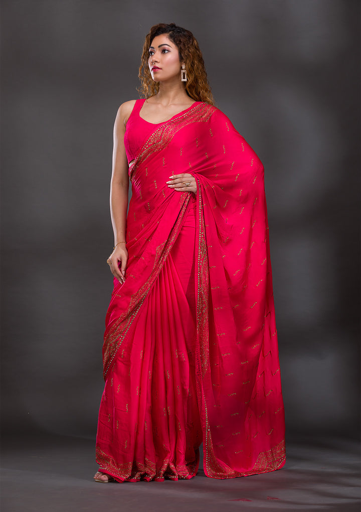 Rani Pink Swarovski Satin Saree