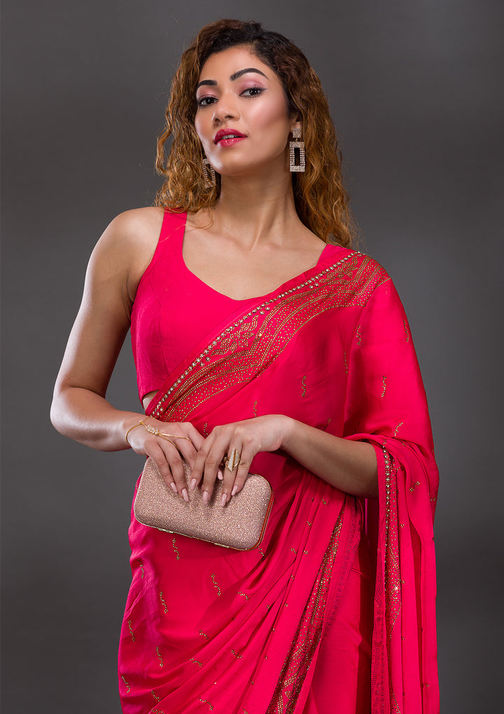 Rani Pink Swarovski Satin Saree