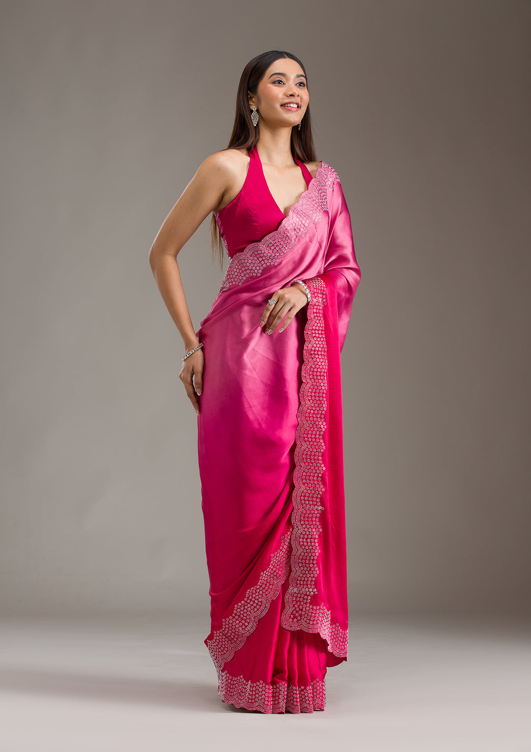 Rani Pink Swarovski Satin Saree