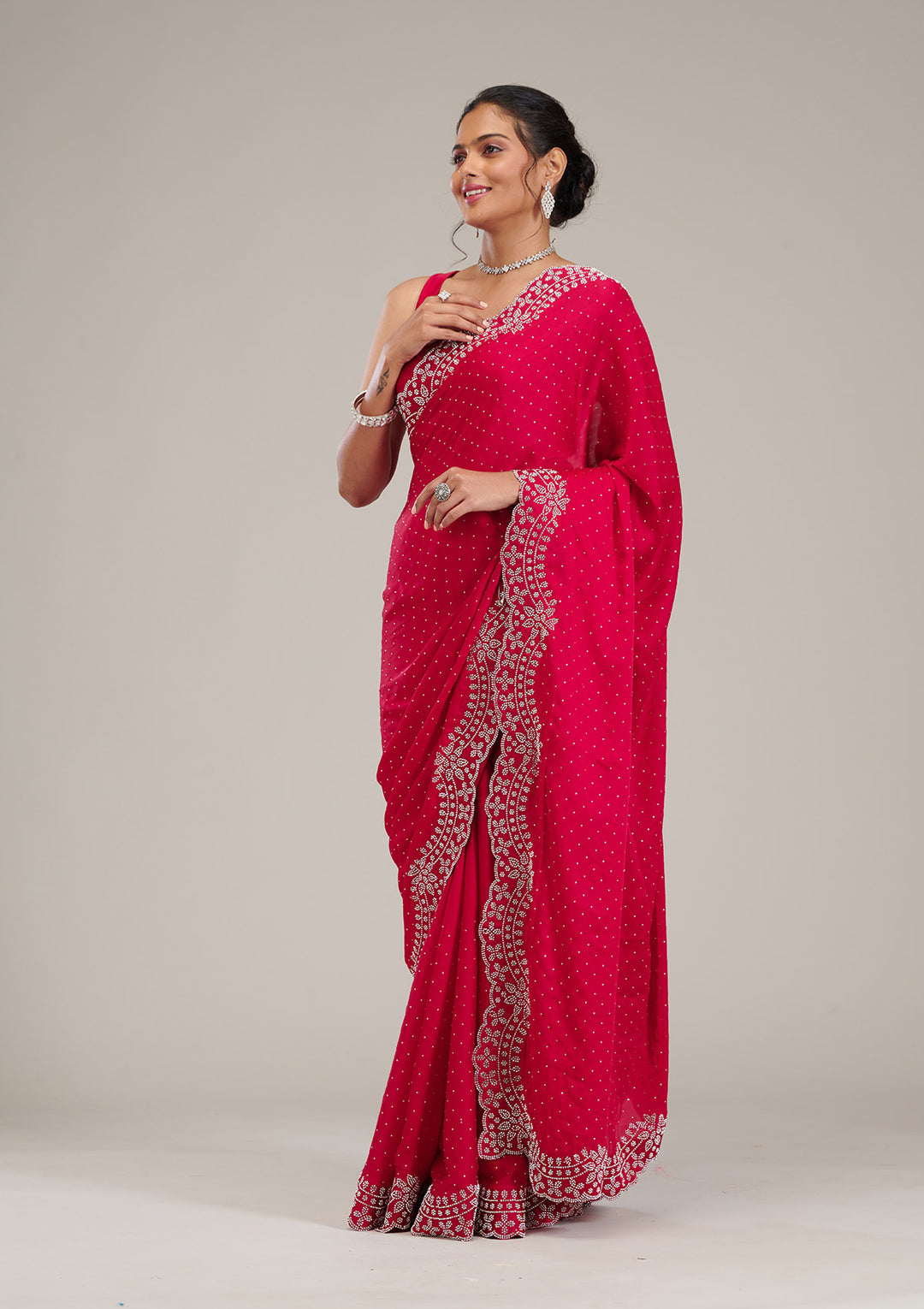 Rani Pink Swarovski Satin Saree