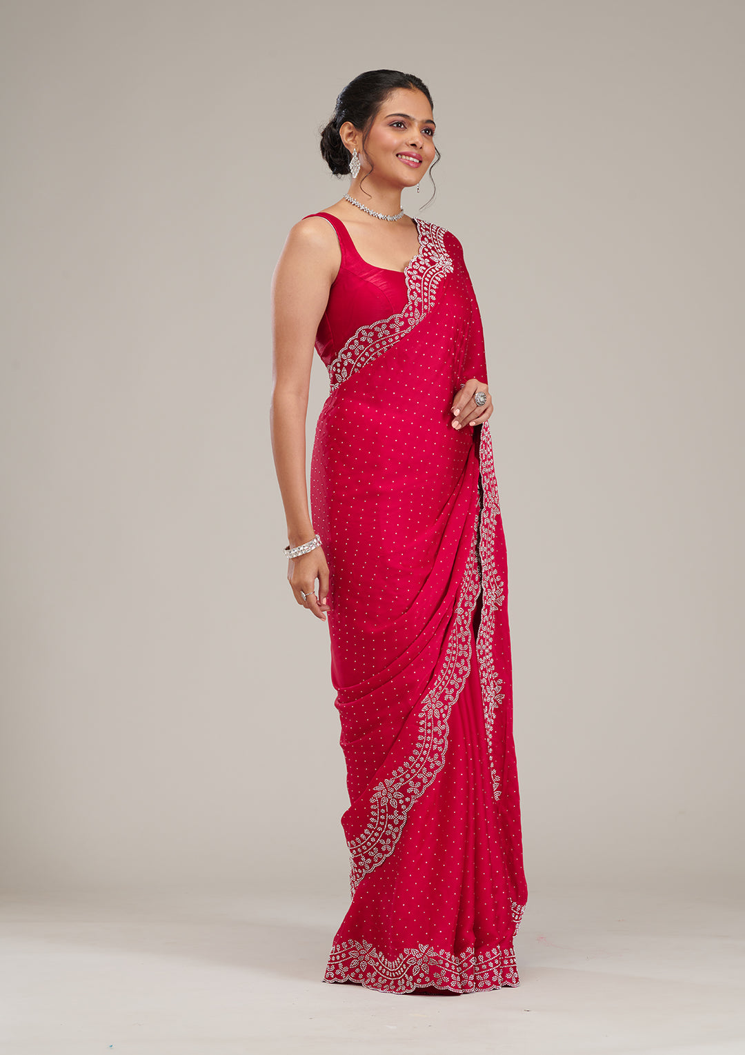 Rani Pink Swarovski Satin Saree