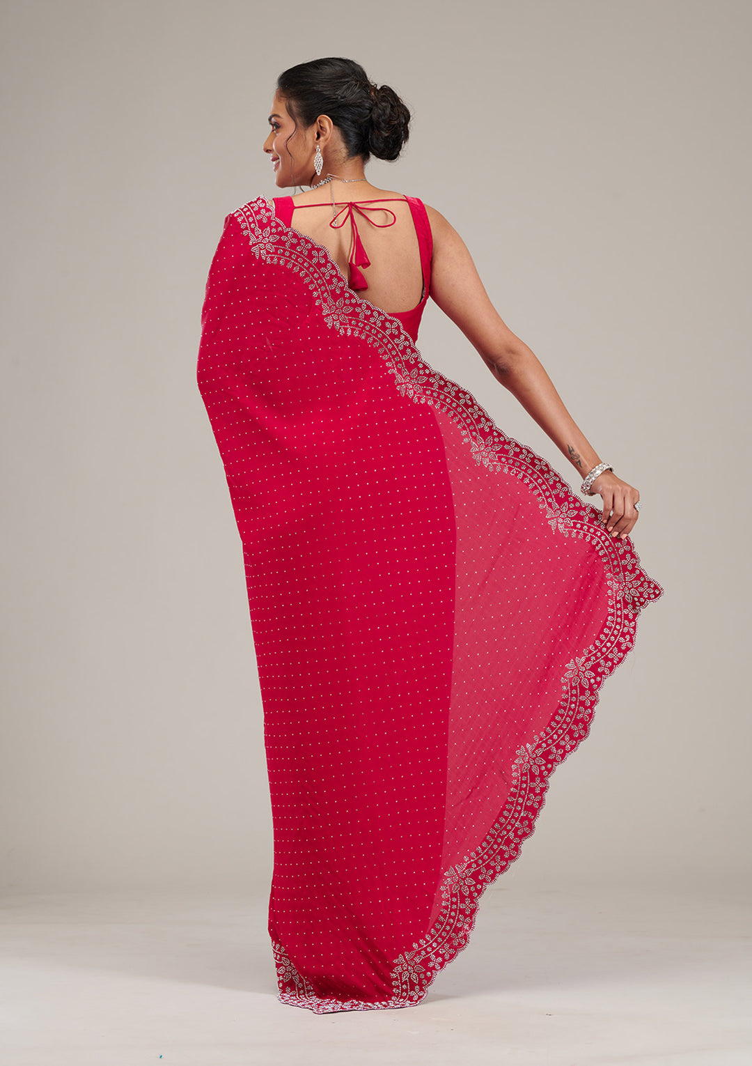 Rani Pink Swarovski Satin Saree