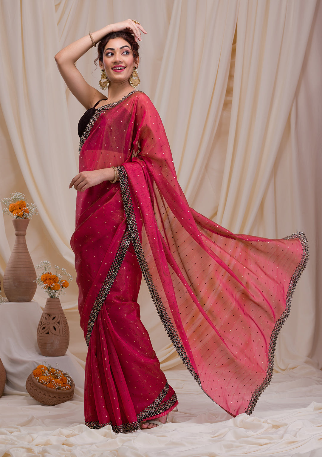 Rani Pink Swarovski Tissue Saree-Koskii