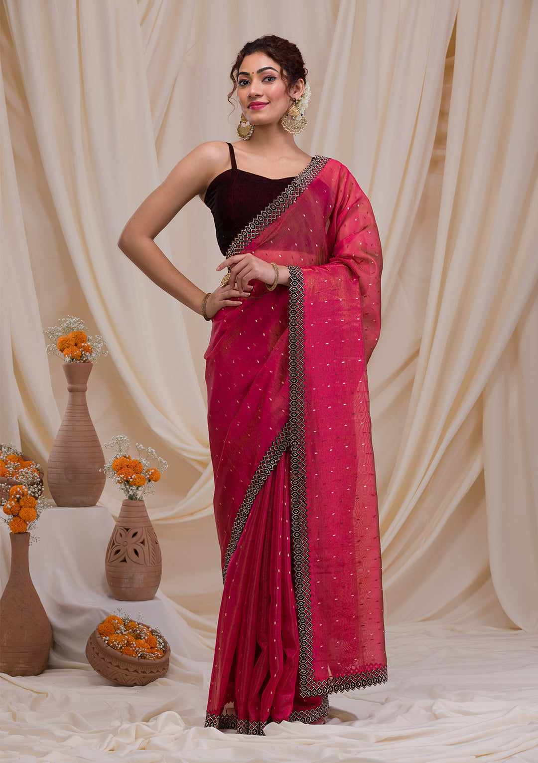 Rani Pink Swarovski Organza Saree