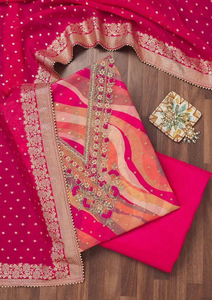 Rani Pink Threadwork Chiffon Unstitched Salwar Suit