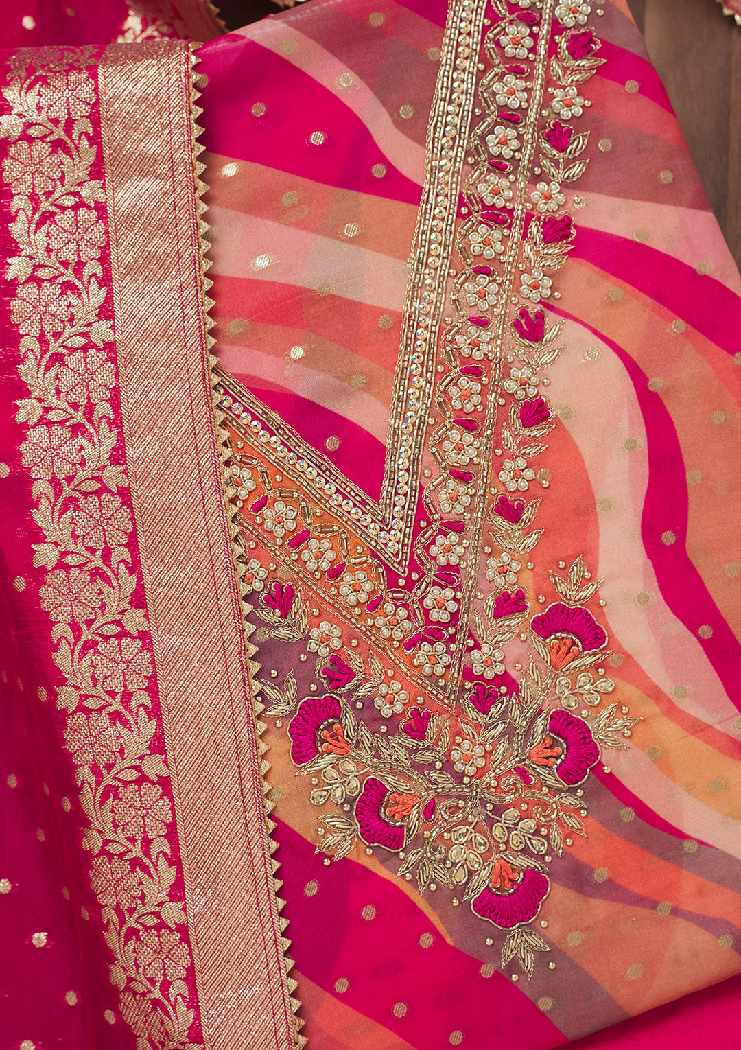 Rani Pink Threadwork Chiffon Unstitched Salwar Suit
