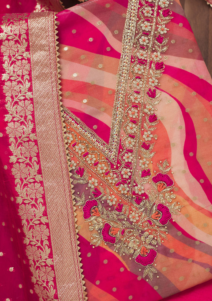Rani Pink Threadwork Chiffon Unstitched Salwar Suit