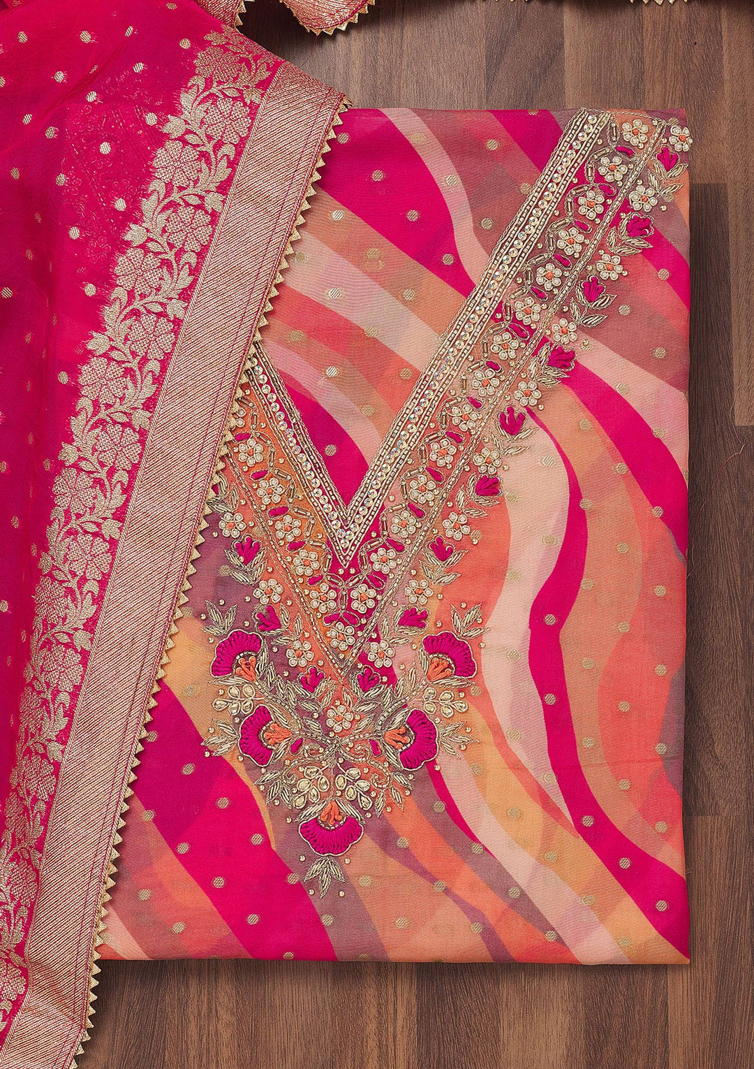Rani Pink Threadwork Chiffon Unstitched Salwar Suit