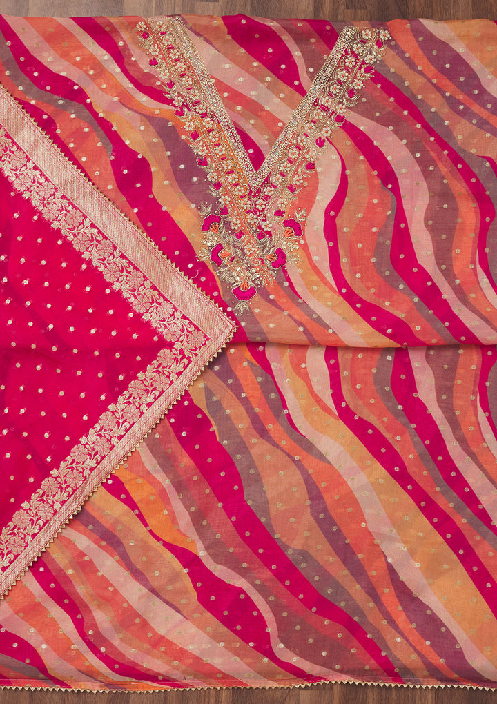 Rani Pink Threadwork Chiffon Unstitched Salwar Suit