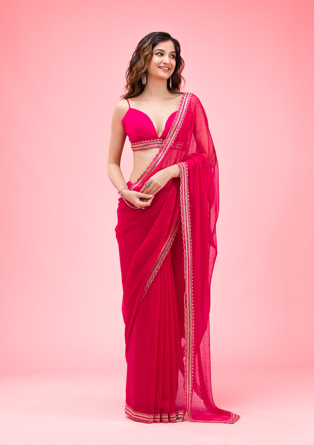 Rani Pink Threadwork Chiffon Saree