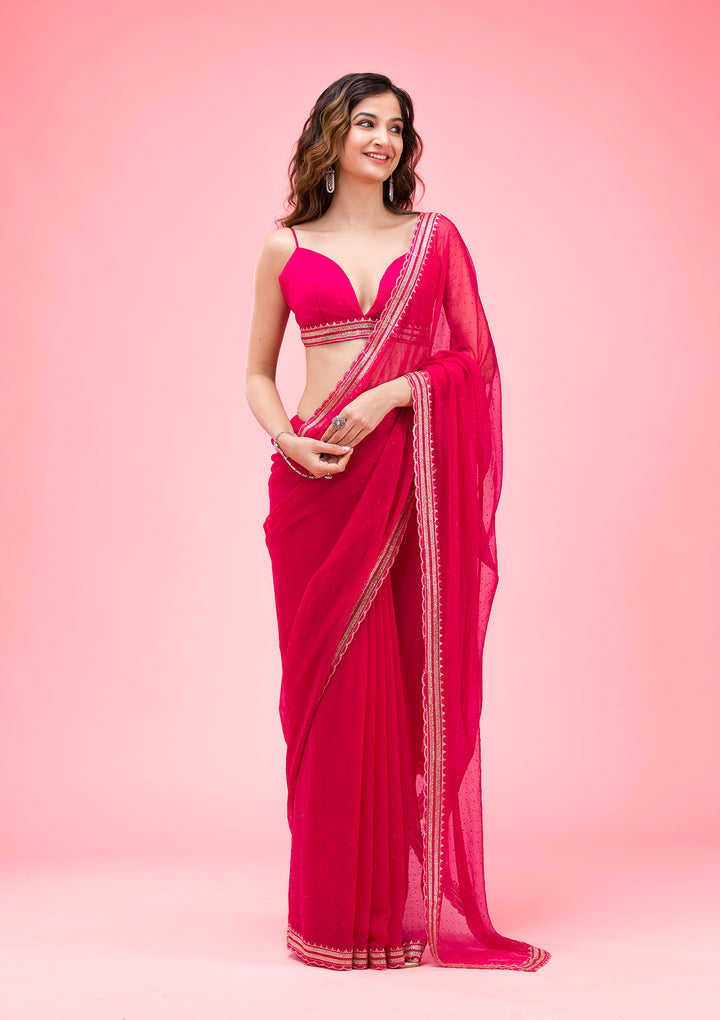 Rani Pink Threadwork Chiffon Saree