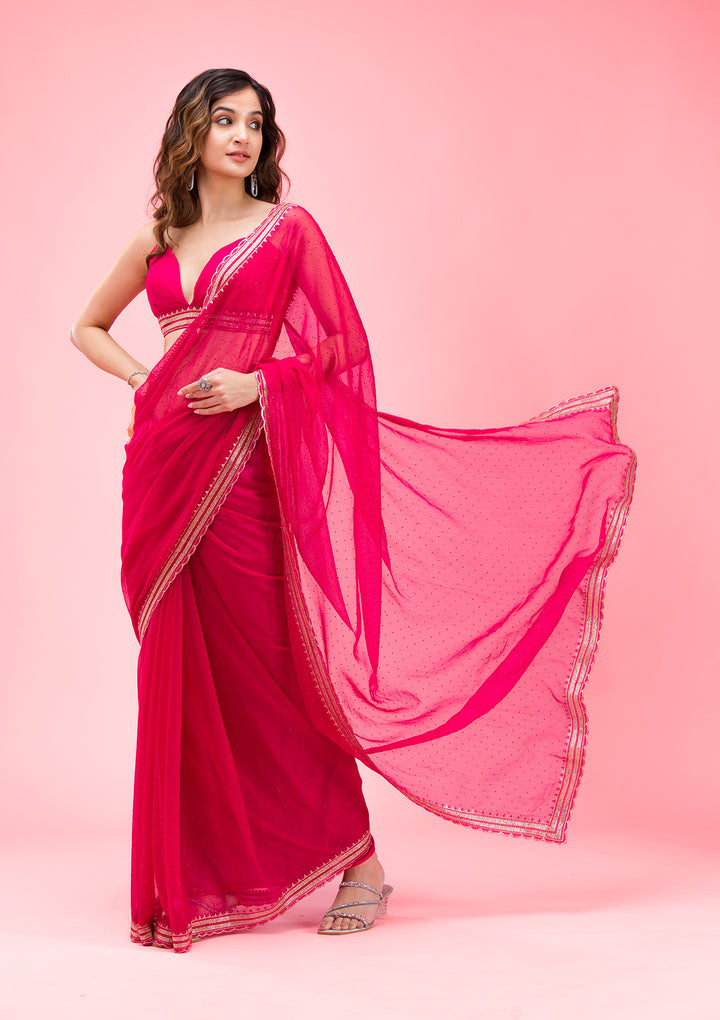 Rani Pink Threadwork Chiffon Saree