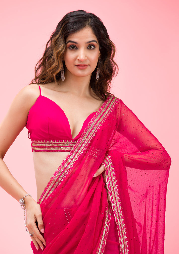 Rani Pink Threadwork Chiffon Saree