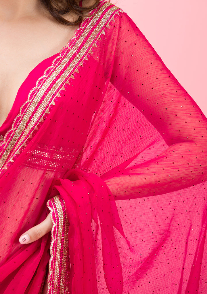 Rani Pink Threadwork Chiffon Saree