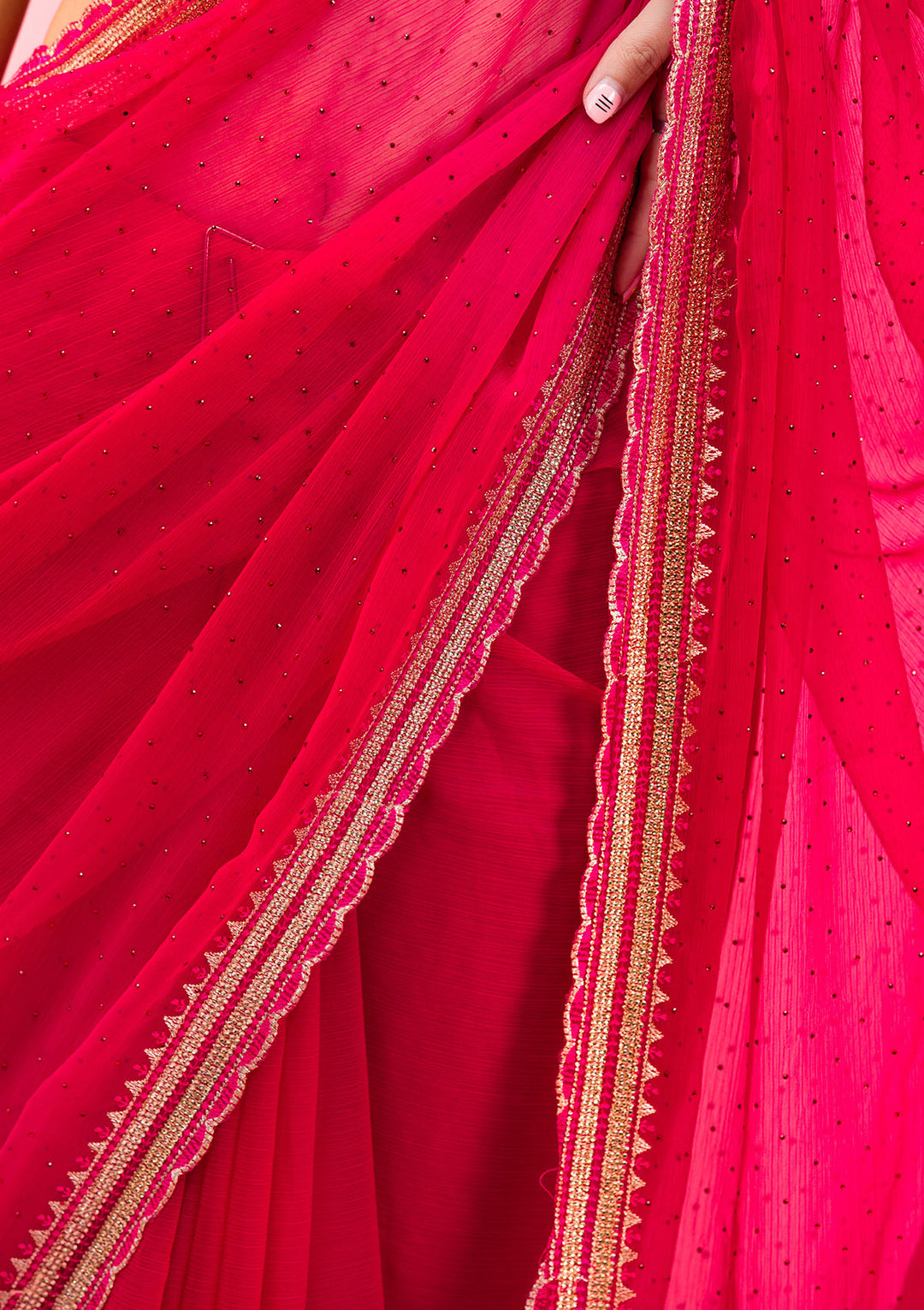 Rani Pink Threadwork Chiffon Saree
