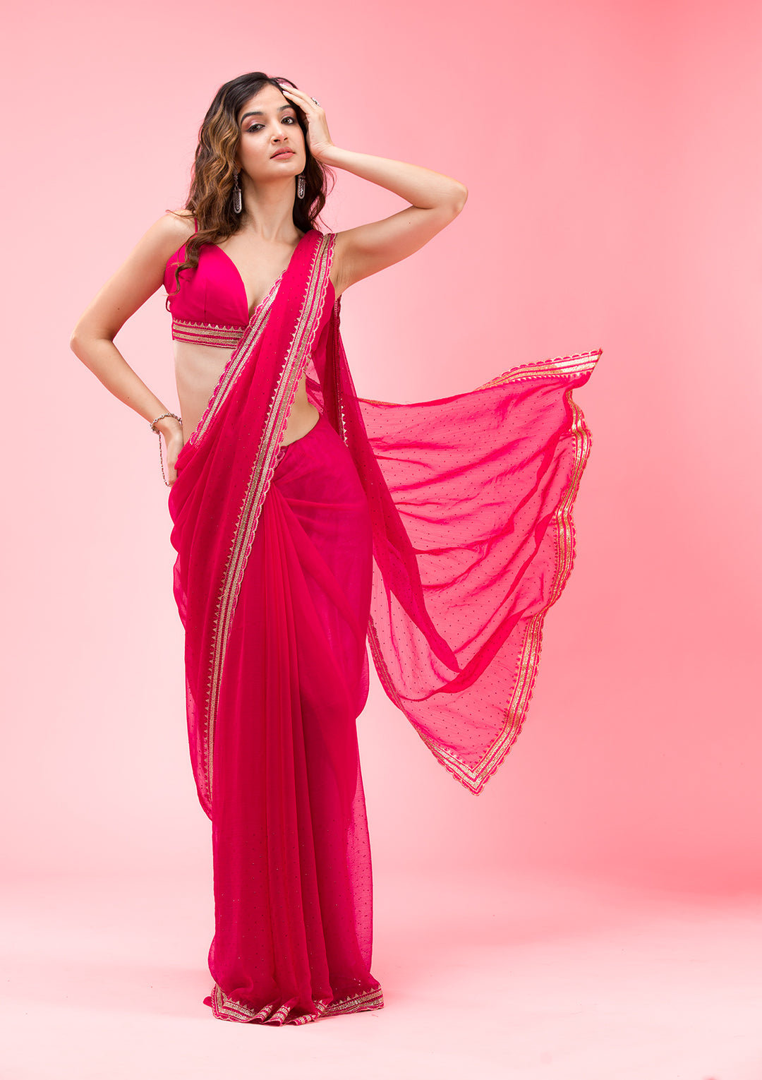 Rani Pink Threadwork Chiffon Saree