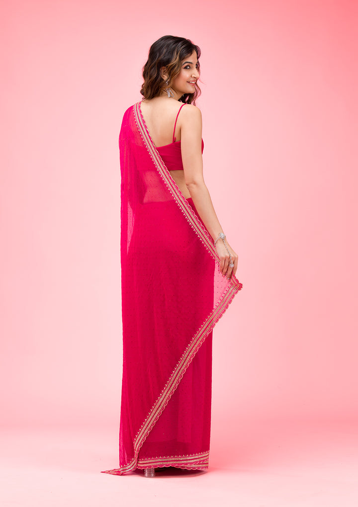 Rani Pink Threadwork Chiffon Saree
