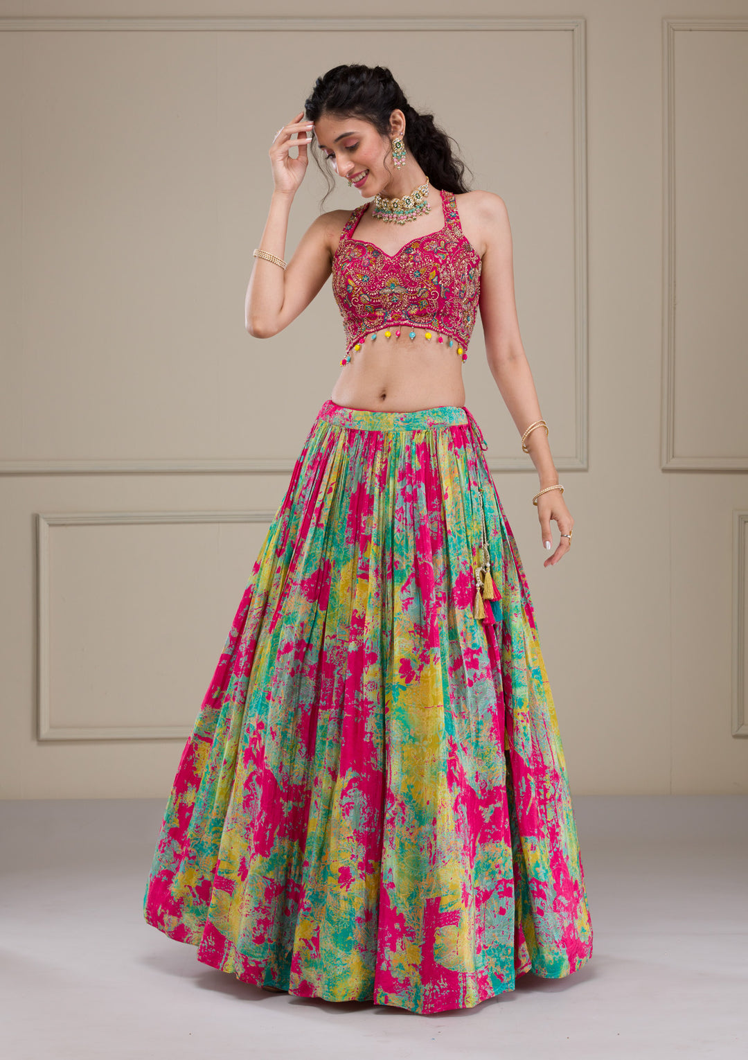Rani Pink Threadwork Georgette Readymade Lehenga