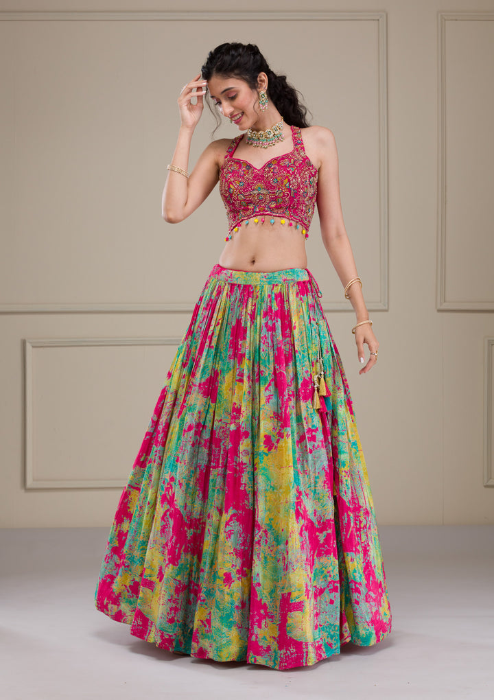 Rani Pink Threadwork Georgette Readymade Lehenga