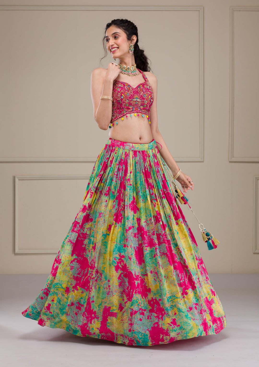 Rani Pink Threadwork Georgette Readymade Lehenga
