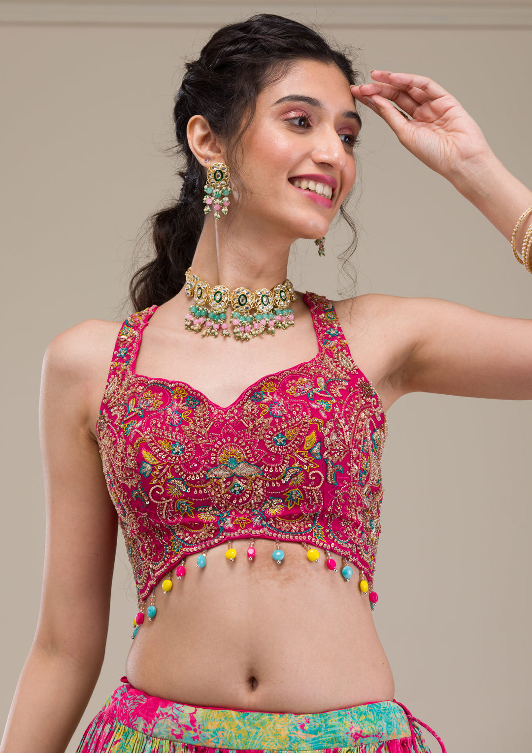 Rani Pink Threadwork Georgette Readymade Lehenga