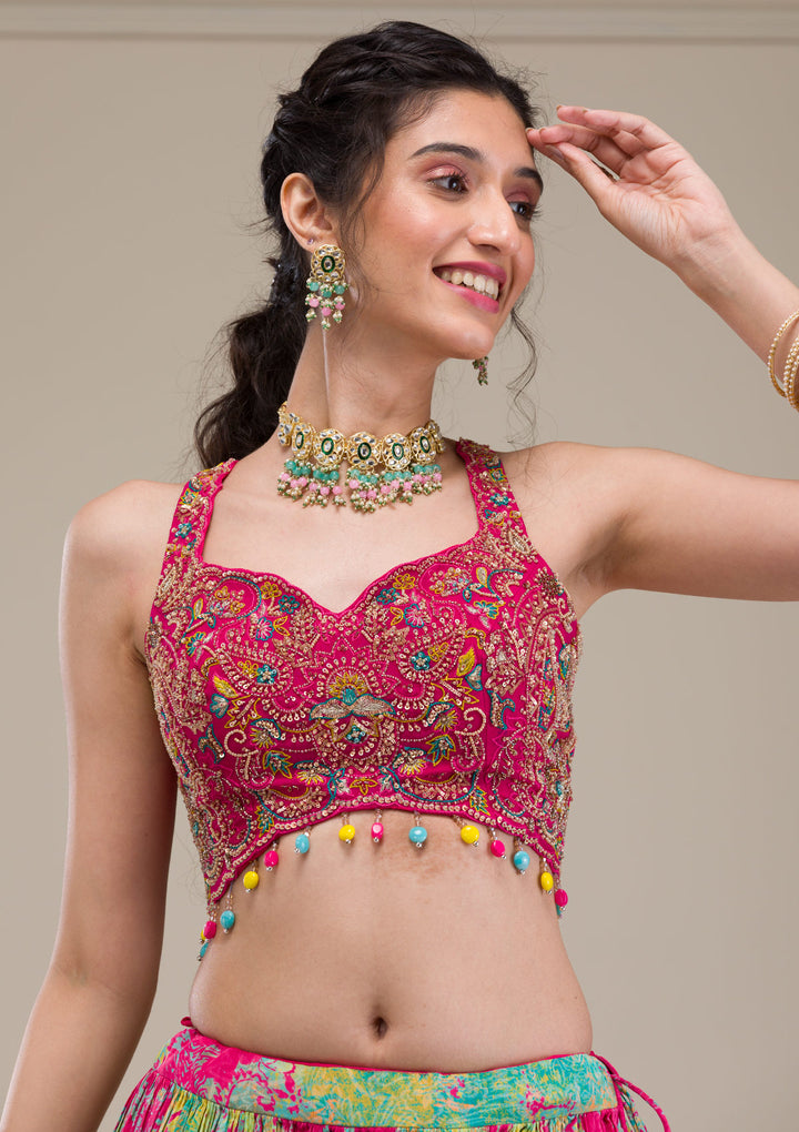 Rani Pink Threadwork Georgette Readymade Lehenga
