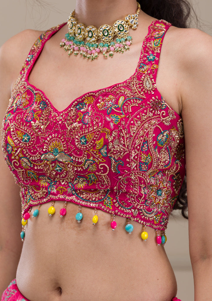 Rani Pink Threadwork Georgette Readymade Lehenga