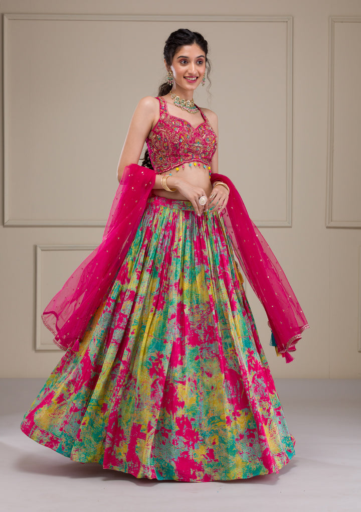 Rani Pink Threadwork Georgette Readymade Lehenga