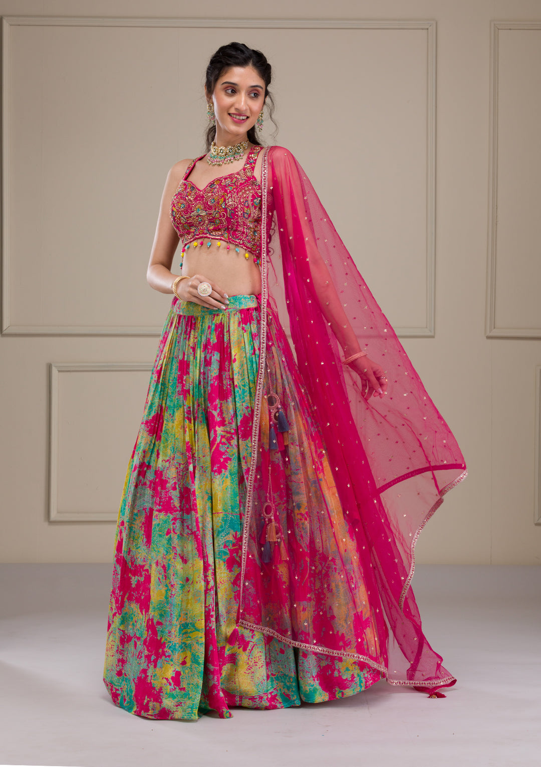 Rani Pink Threadwork Georgette Readymade Lehenga