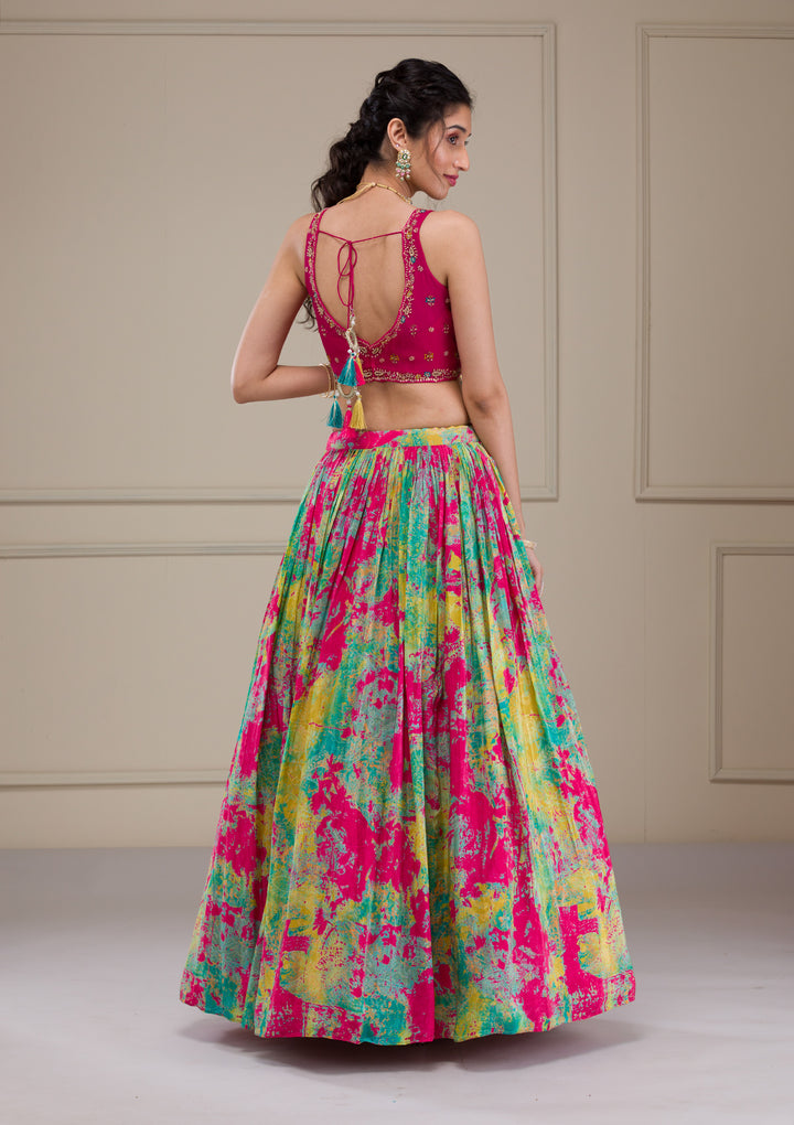 Rani Pink Threadwork Georgette Readymade Lehenga