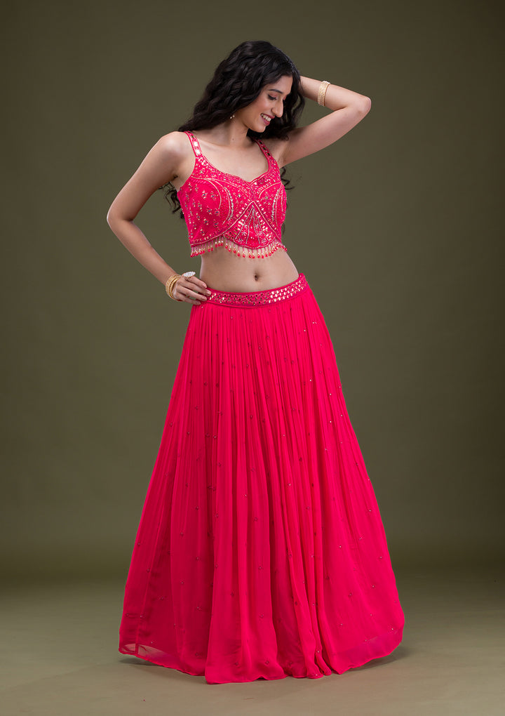 Rani Pink Threadwork Georgette Readymade Salwar Suit