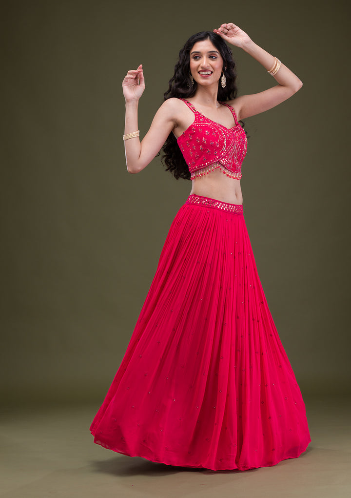 Rani Pink Threadwork Georgette Readymade Salwar Suit