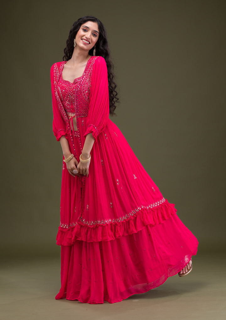Rani Pink Threadwork Georgette Readymade Salwar Suit
