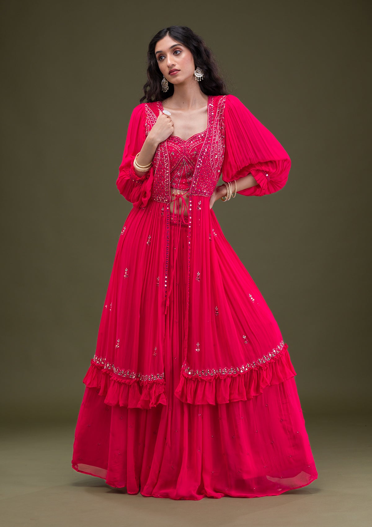 Rani Pink Threadwork Georgette Readymade Salwar Suit