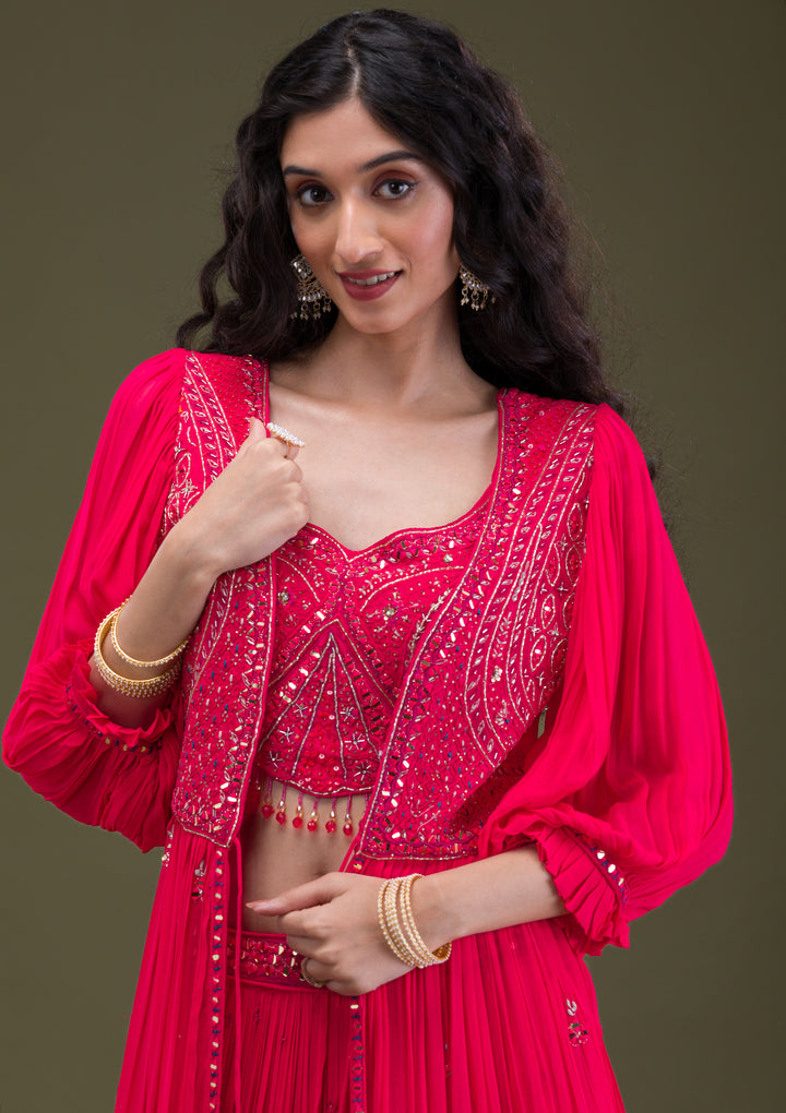 Rani Pink Threadwork Georgette Readymade Salwar Suit