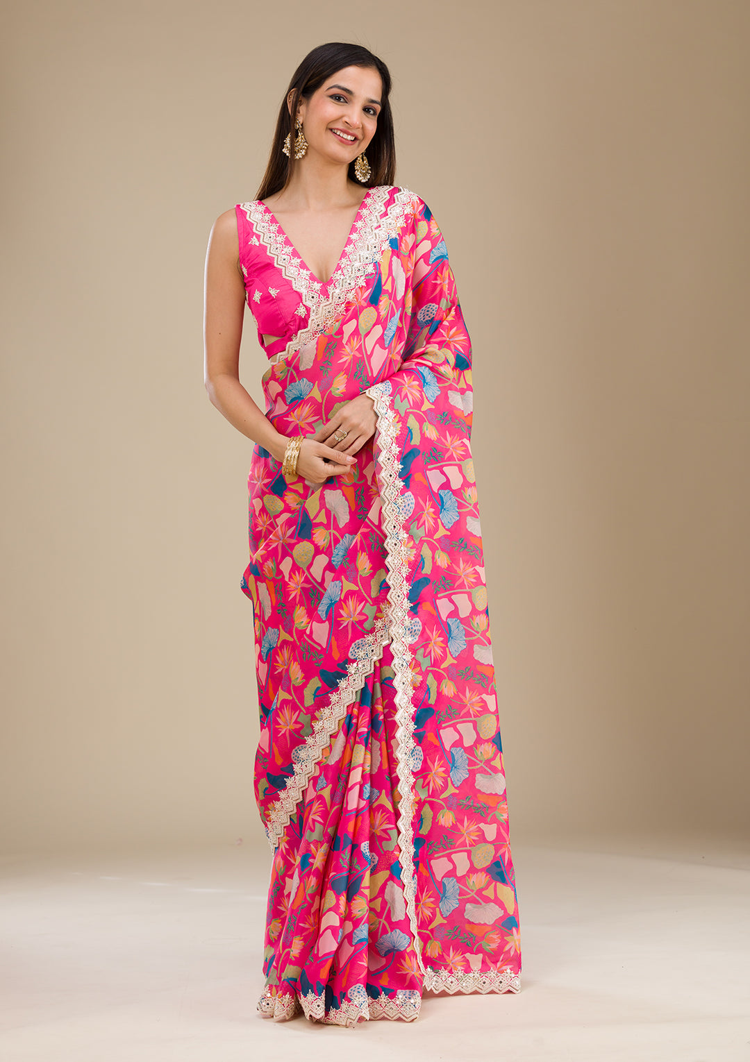 Rani Pink Threadwork Georgette Saree
